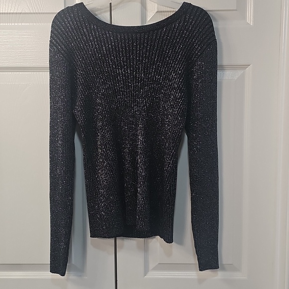 NWT ICHI Metallic Crossback Long Sleeved Ribbed Knit Metallic Black Top XL - Picture 4 of 13